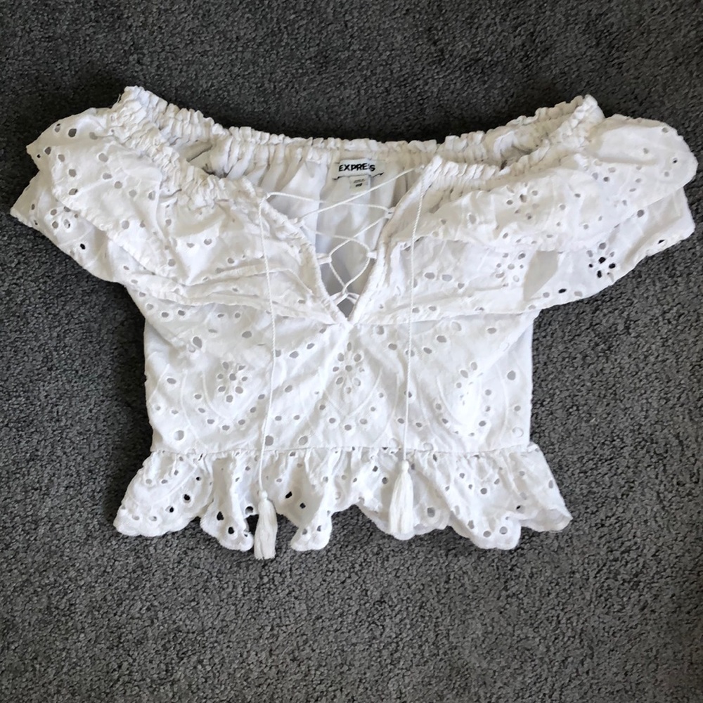 Express white lace off the shoulder crop top